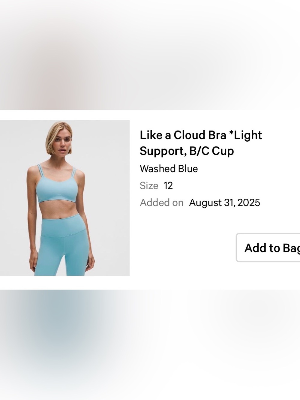 Lululemon Like a Cloud Bra - Washed Blue, Light Support (B/C Cup) size 12